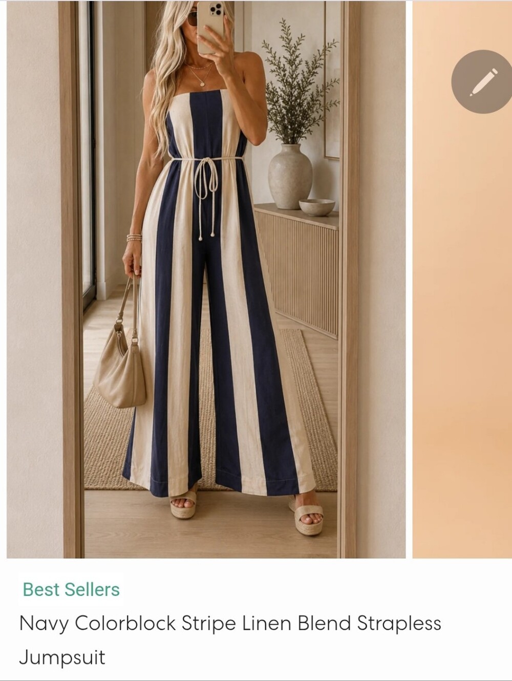 Striped Navy and Cream Strapless Wide-Leg Jumpsuit